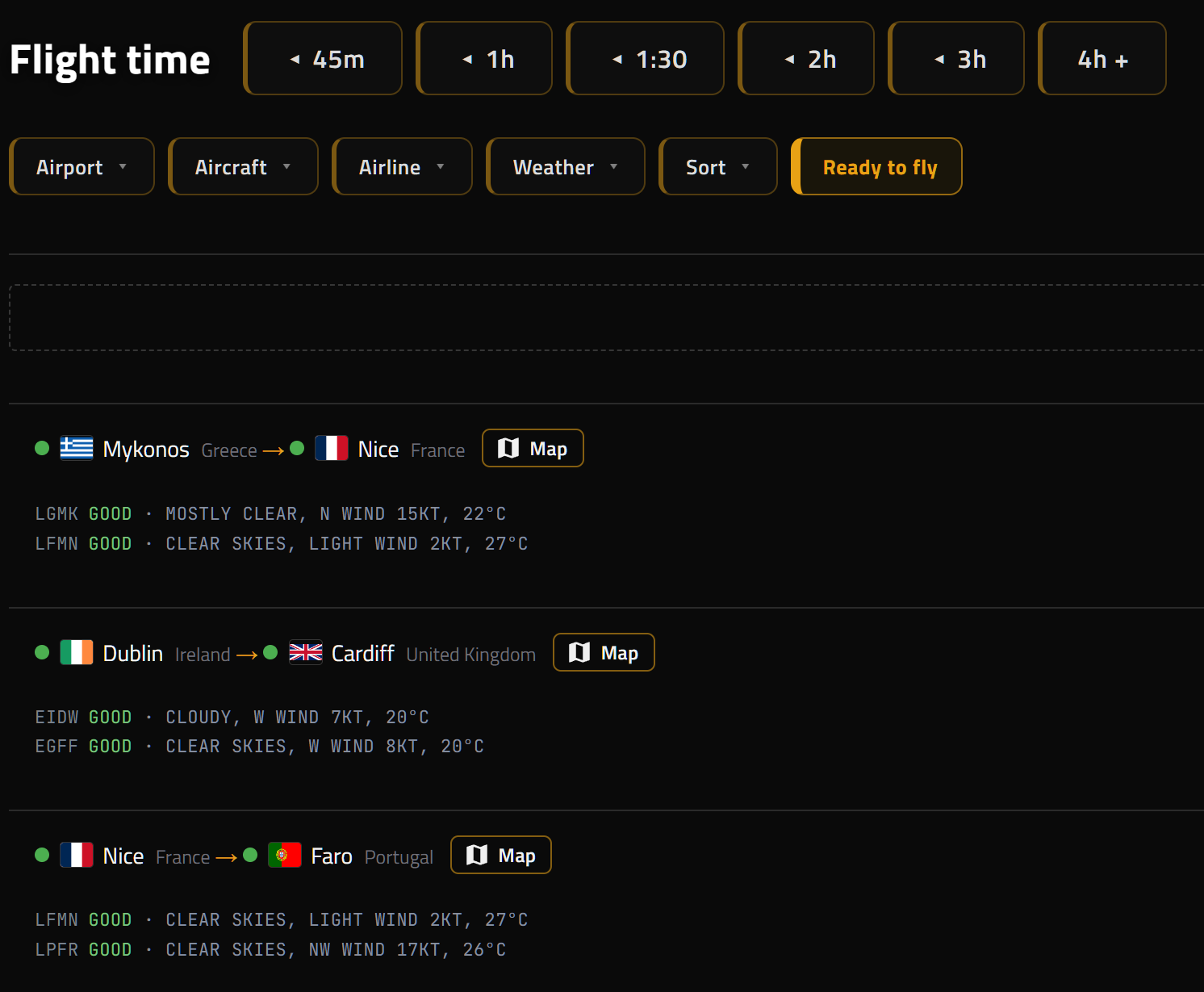 The ready-to-fly flight list in Go2Gate